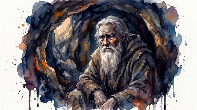 Crying prophet in a dark cave. Old Testament biblical scene of sorrow and prayer. Watercolor illustration of grieving elderly man