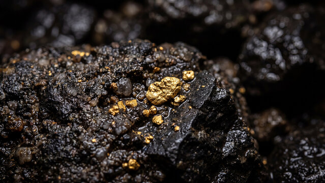 Extreme macro close-up of raw gold nugget texture, shiny yellow precious metal surface detail and wealth concept background.