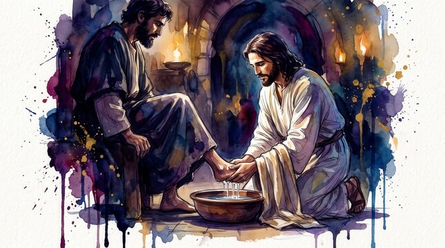 Jesus washing the feet of a disciple. Biblical scene of humility and service. New Testament watercolor splash illustration