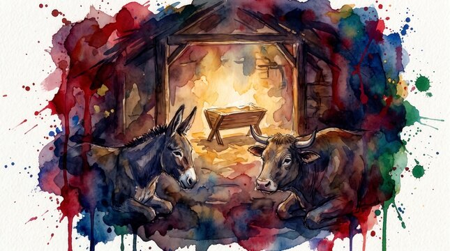 Glowing empty manger in an ancient stable. Watercolor illustration of a donkey and an ox representing the nativity scene