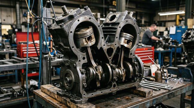 Detailed medium view of a twostage reciprocating piston compressor block showing the dualcylinder setup with expertly installed pistons and the complex assembly of castiron parts