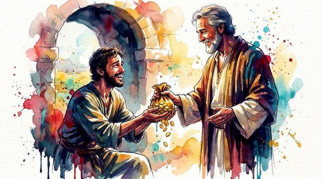 Joyful servant presenting gold coins to happy master. Parable of the talents watercolor illustration. Faithful stewardship concept