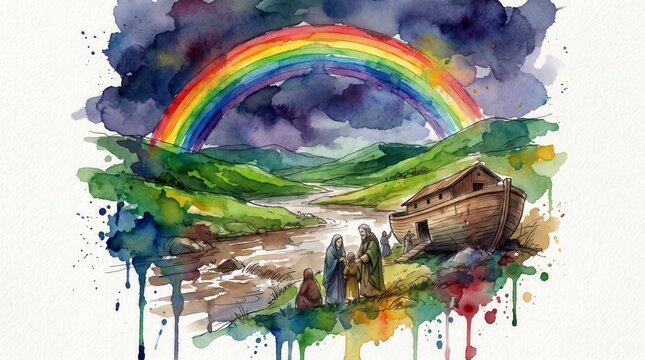 Rainbow shining over green hills after the flood. Biblical concept of Noah's Ark. Watercolor illustration of Genesis theme