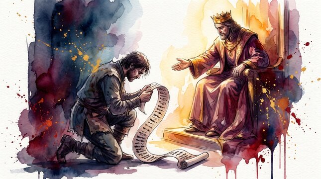 Servant kneeling with debt scroll before merciful king. Parable of the unmerciful servant watercolor illustration. Forgiveness and mercy concept