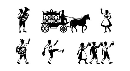 Fototapeta premium Bavarian Oktoberfest Vector Icons: Musicians, Dancers, Beer Wagon, Celebration Scenes
