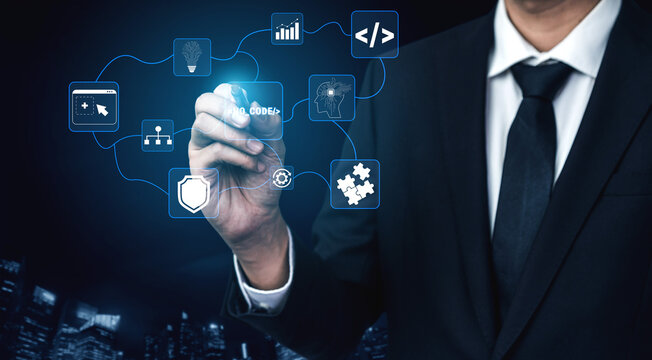 Businessman in Suit Interacting with Digital Interface Showing Icons of Technology, Data Analysis, and Software Development in Futuristic City Background Quark.