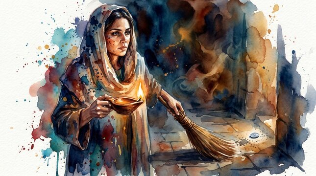 Woman sweeping the floor with an oil lamp to find a lost coin. Parable of the lost coin. Biblical watercolor illustration