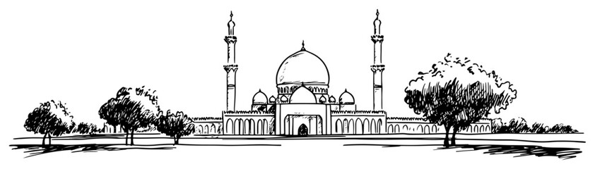 Grand mosque building with dome and minarets surrounded by trees in hand drawn sketch style © Kaz