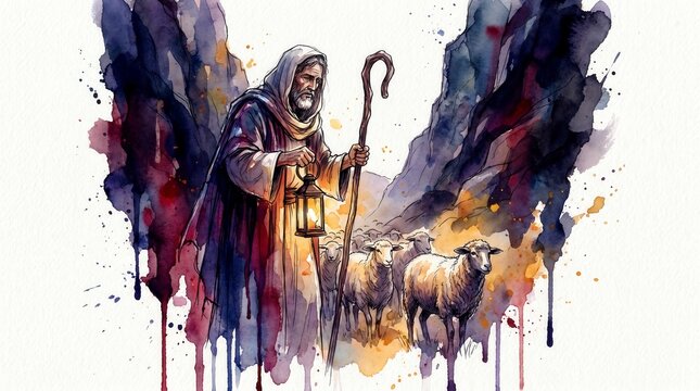 Shepherd holding wooden staff and lantern guiding sheep through dark valley. Watercolor illustration of biblical parable. Christian faith concept