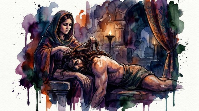 Delilah cutting the hair of sleeping Samson with bronze shears. Watercolor illustration of the biblical story of betrayal in an ancient chamber