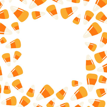 Candy corn Halloween frame, border with copy space, texture on transparent background. Trick or treat traditional triangular candy, sweet food. Festive design element, print. Vector illustration