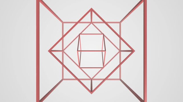 3D Seamless Loop Rotating Nested Geometric Wireframe in Red. Minimalist Abstract Lines Motion Graphic Background.
