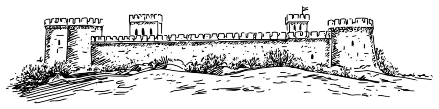 Medieval fortress stone walls and defense towers in vintage hand drawn sketch style