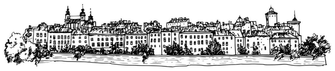 Obraz premium European old town skyline with historical churches and traditional townhouses in hand drawn sketch style
