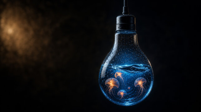 Surreal concept shot of a glowing transparent glass lightbulb hanging on a cord, containing a miniature ocean ecosystem with glowing orange jellyfish inside.
