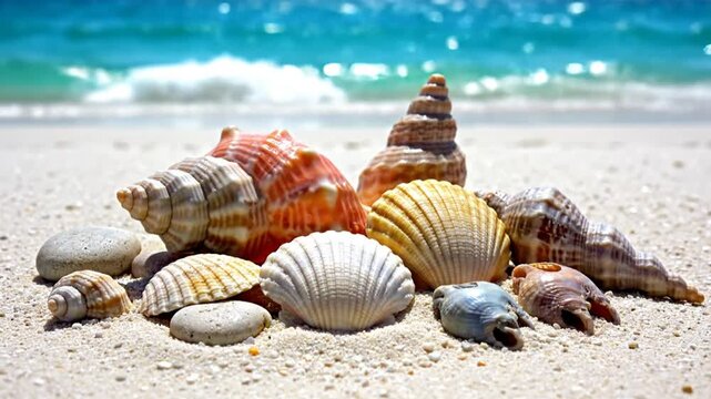Beautiful seashells and small stones resting on the sand with a peaceful ocean background under the bright sunlight