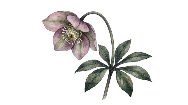 Beautiful purple hellebore flower with green leaves on transparent background transparent background