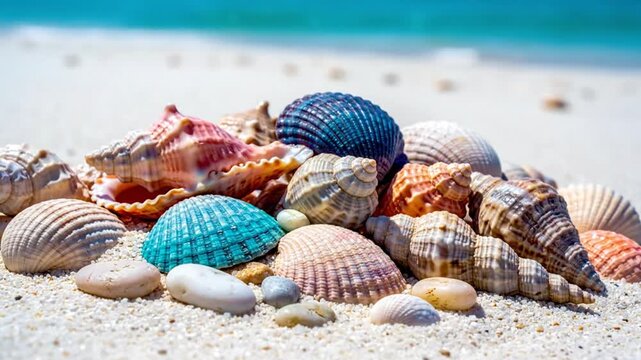 Beautiful collection of seashells and stones arranged on a sunlit sandy beach with ocean background