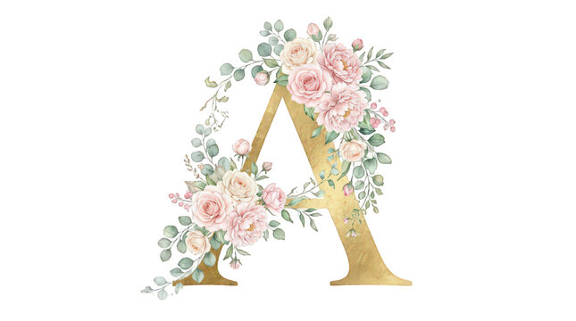 Elegant floral monogram letter with roses and greenery design transparent background