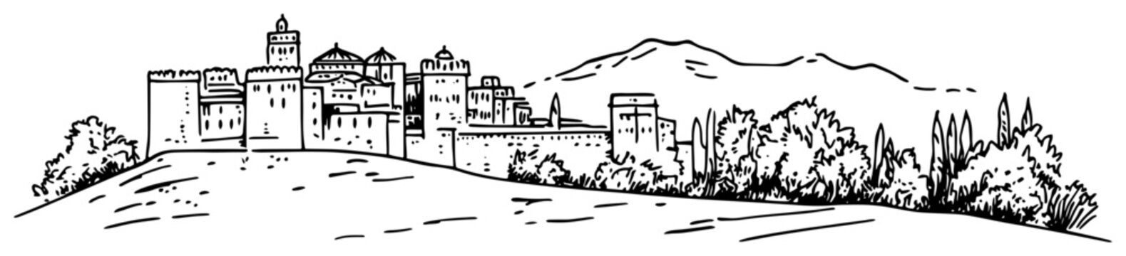 Alhambra palace architecture in Granada Spain with Sierra Nevada mountains background hand drawn ink sketch style