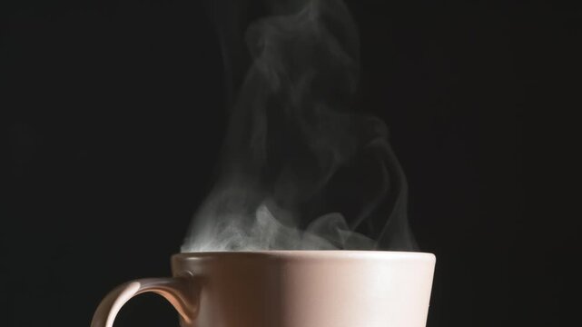 Aromatic Steam Over Brown Coffee Mug. A trickle of steam rises and twists gracefully from a cup of hot coffee