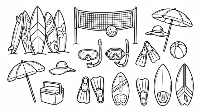 Set of playful hand drawn beach activities illustrations. Doodle drawings of surfboards, volleyball, snorkels, flippers, skimboards and active summer gear. Clean line art in retro style, isolated 