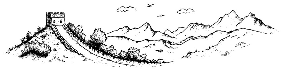 Obraz premium Chinese Great Wall watchtower on hill with mountain background and birds in hand drawn ink style