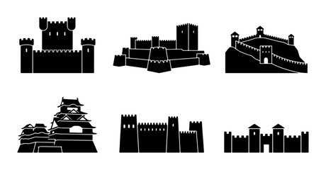 Castle Icons Set, Fortress Silhouettes, Medieval Architecture Vector Collection © Shahriar
