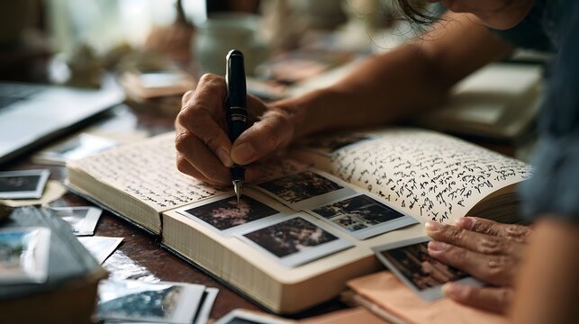 A person writes notes beside vintage photos in an open journal on a wooden table under warm lighting