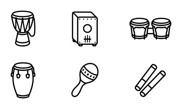 Percussion Instruments Vector Icons, Drum Set, Congas, Bongos, Maracas, Claves