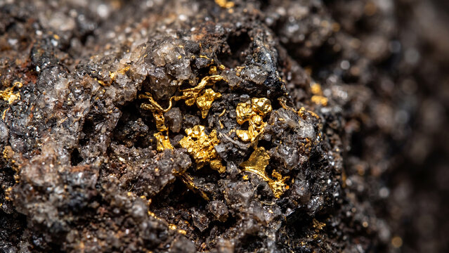 Extreme macro close-up of raw gold nugget texture, shiny yellow precious metal surface detail and wealth concept background.	