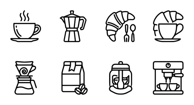 Coffee Icons Set, Breakfast Pastry Vector Graphics, Beverage Collection