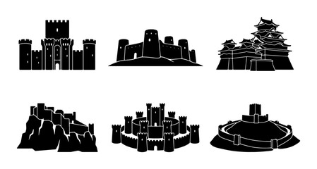 Castle Icons Set, Medieval Fortifications, Fortress Silhouettes, Historic Architecture © Kakoli