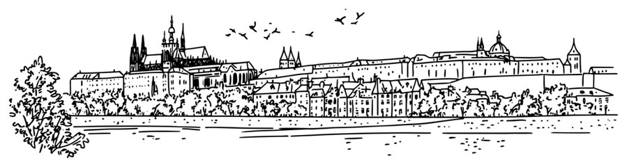 Fototapeta premium Prague castle panorama with Vltava river and old town architecture hand drawn ink sketch style