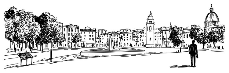 European city square with central fountain and cathedral dome in vintage hand drawn sketch style © Kaz