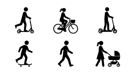 Urban Mobility Icons: Scooter, Bike, Skateboard, Walking, Stroller Vector Set © Ankur