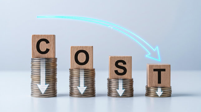 Cost reduction concept showing decreasing expenses with coins and wooden blocks spelling COST