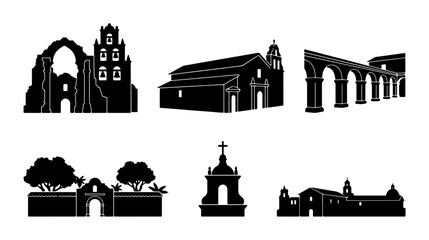 Obraz premium Historic Architecture Silhouettes: Churches, Ruins, Arches, Buildings