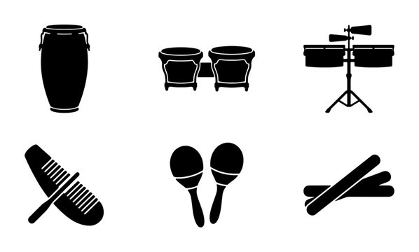 Percussion Instruments Vector Icons, Latin Drums, Congas, Bongos, Maracas