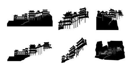 Obraz premium Ancient Chinese Architecture Silhouettes, Traditional Buildings, Historic Cityscape Vector Set