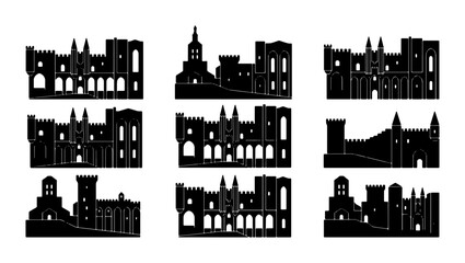 Obraz premium Palace Silhouettes Collection, Historic Architecture Vector Set, Landmark Building Icons