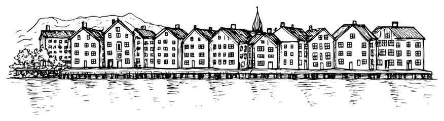 Scandinavian wooden houses on waterfront with mountain background in line art style © Kaz