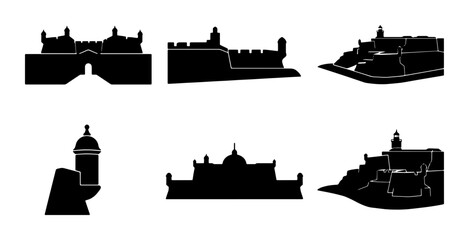 Fortress Silhouettes, Castle Icons, Historic Architecture Vector Set © Elma