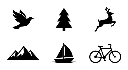 Obraz premium Nature and Outdoor Icons: Bird, Tree, Deer, Mountains, Sailboat, Bicycle