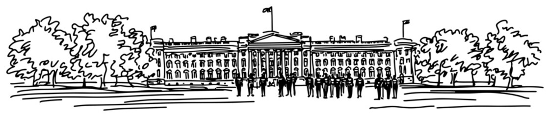 Obraz premium Buckingham Palace in London with royal guards and park trees hand drawn ink sketch style