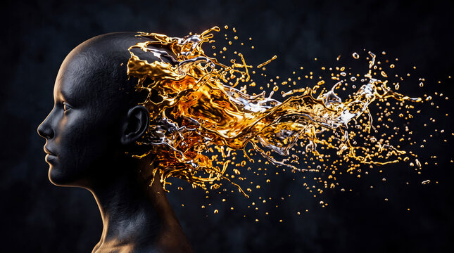 Creative human silhouette with golden abstract energy explosion representing innovation and ideas
