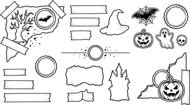 Halloween decorative elements set with pumpkins, bats, ghosts, witch hat, and torn paper frames transparent background
