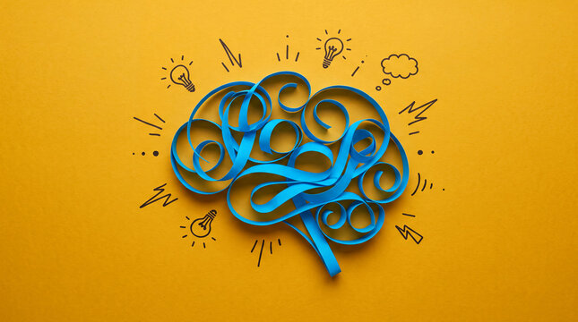 Creative paper brain illustration with lightbulb and energy waves symbolizing innovation and ideas