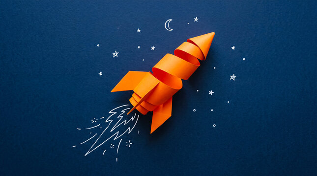 Creative origami rocket launching into space with stars and moon background for innovation and success concepts