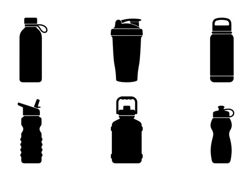 Hydration Bottles Set, Sports Water Containers, Fitness Drinkware Vector Icons